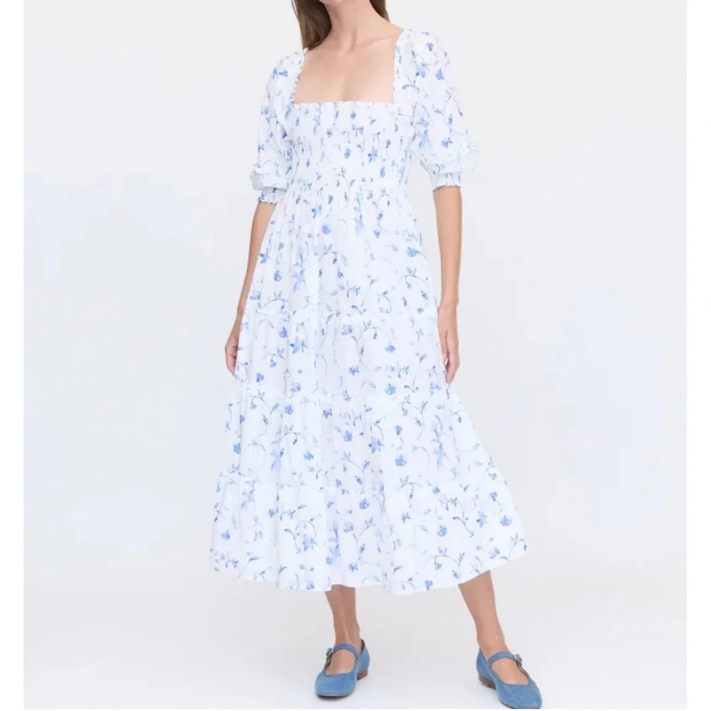 Hill House White Midi Dress with Blue Floral Print